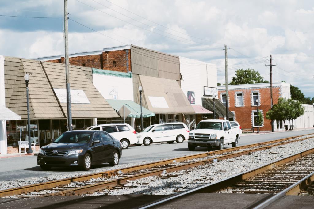 Historic downtown Eastman storefronts along the railroad